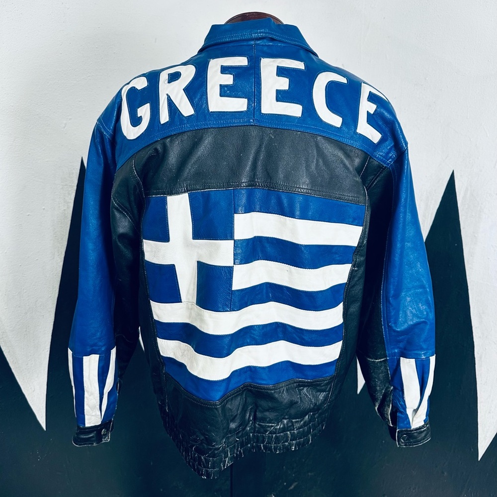 Leather 9000 Vintage Blue, Black, & White “GREECE” Leather Jacket